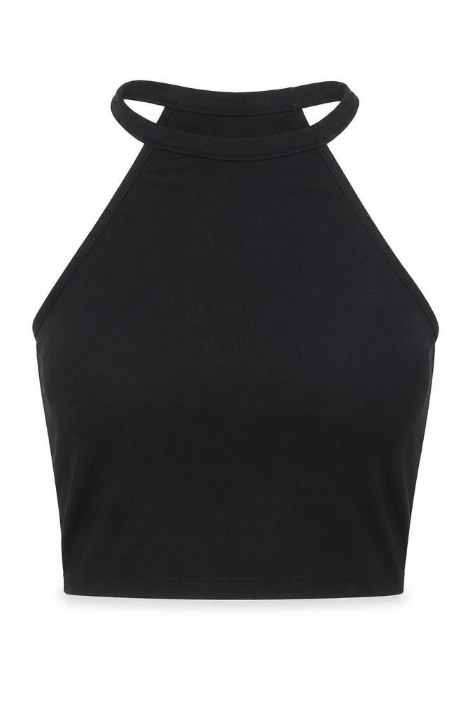 Front view of Zara women’s black polyester cropped tank, size S, round neck
