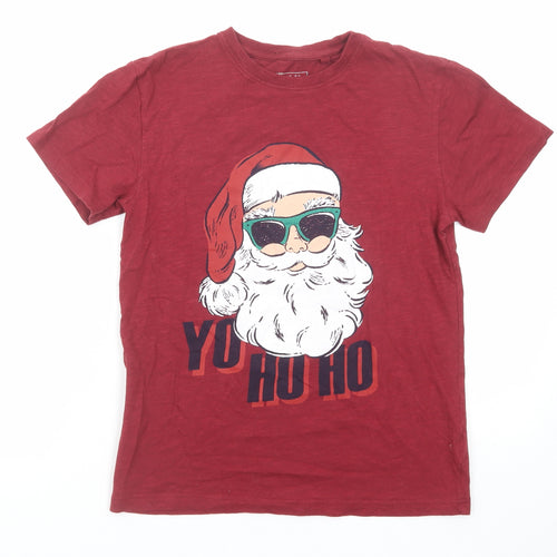 NEXT Boys Red Cotton Basic T-Shirt Size 11 Years Roll Neck Pullover - YO HO HO Santa Claus