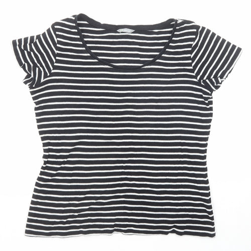 Marks and Spencer Womens Black Striped Cotton Basic T-Shirt Size 16 Boat Neck