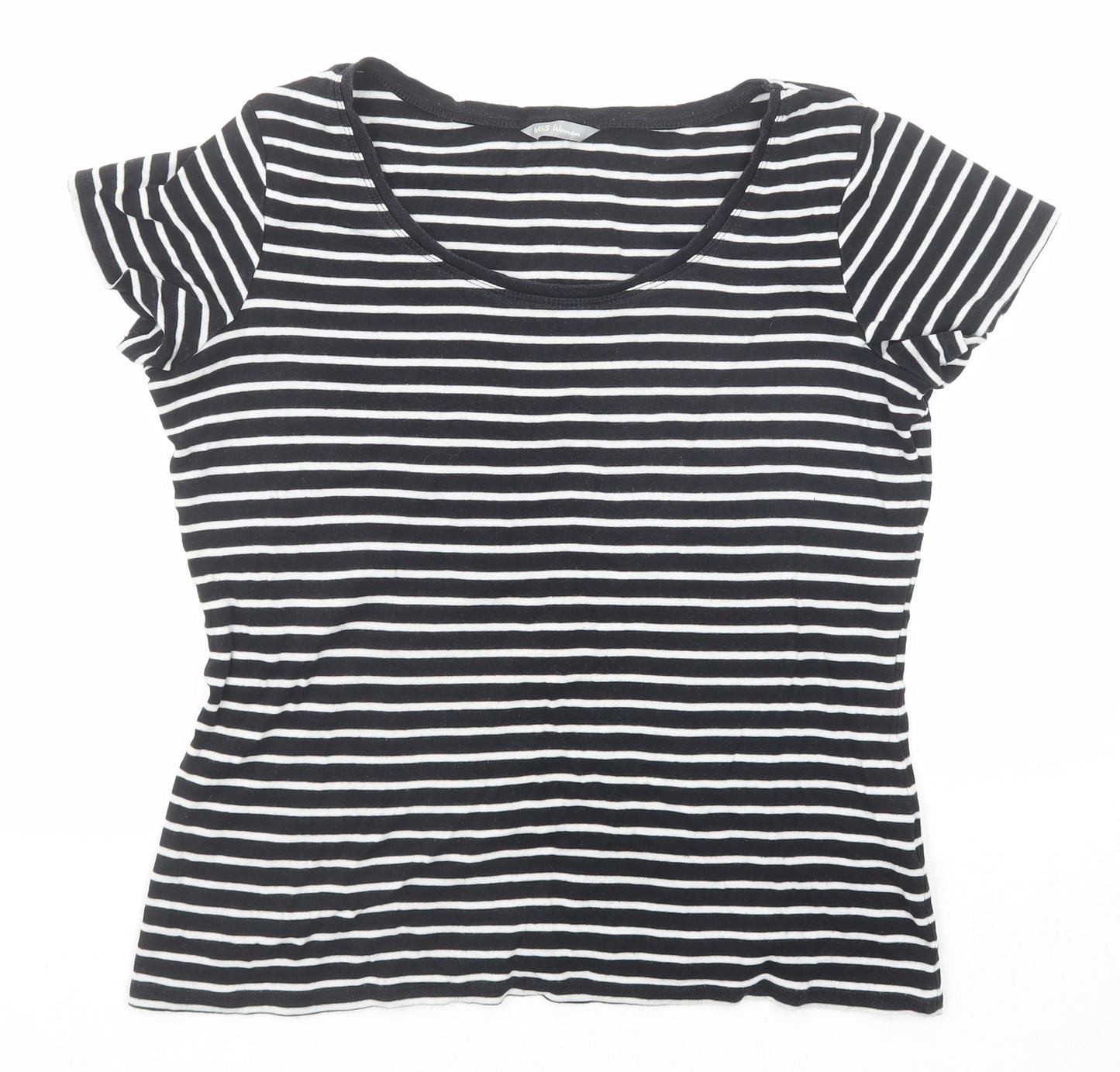 Marks and Spencer Womens Black Striped Cotton Basic T-Shirt Size 16 Boat Neck