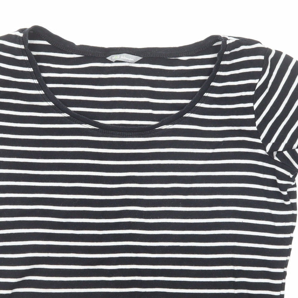 Marks and Spencer Womens Black Striped Cotton Basic T-Shirt Size 16 Boat Neck