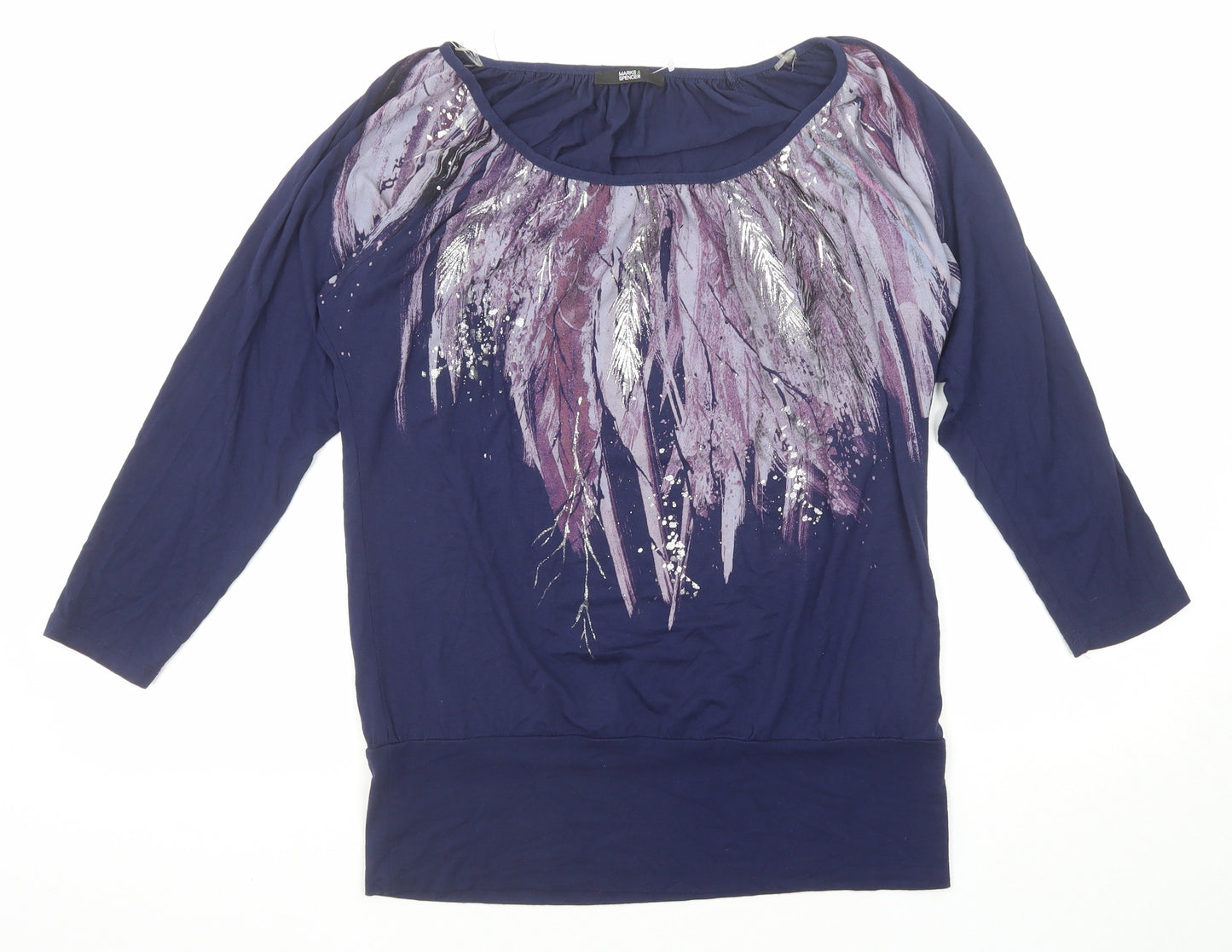 Marks and Spencer Womens Blue Viscose Basic T-Shirt Size 14 Boat Neck