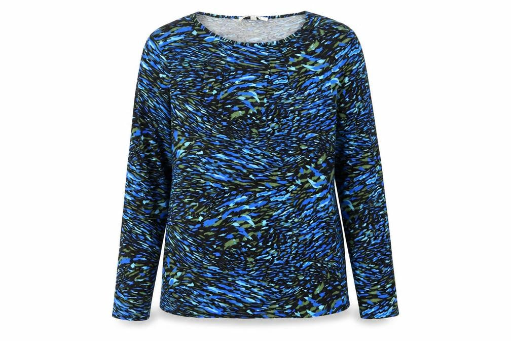 Front view of Annabelle women’s blue geometric viscose basic t-shirt, size UK 14, boat neck