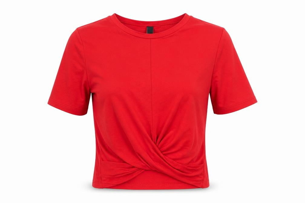 Front view of Divided by H&M women’s red viscose basic t-shirt, size XS, round neck