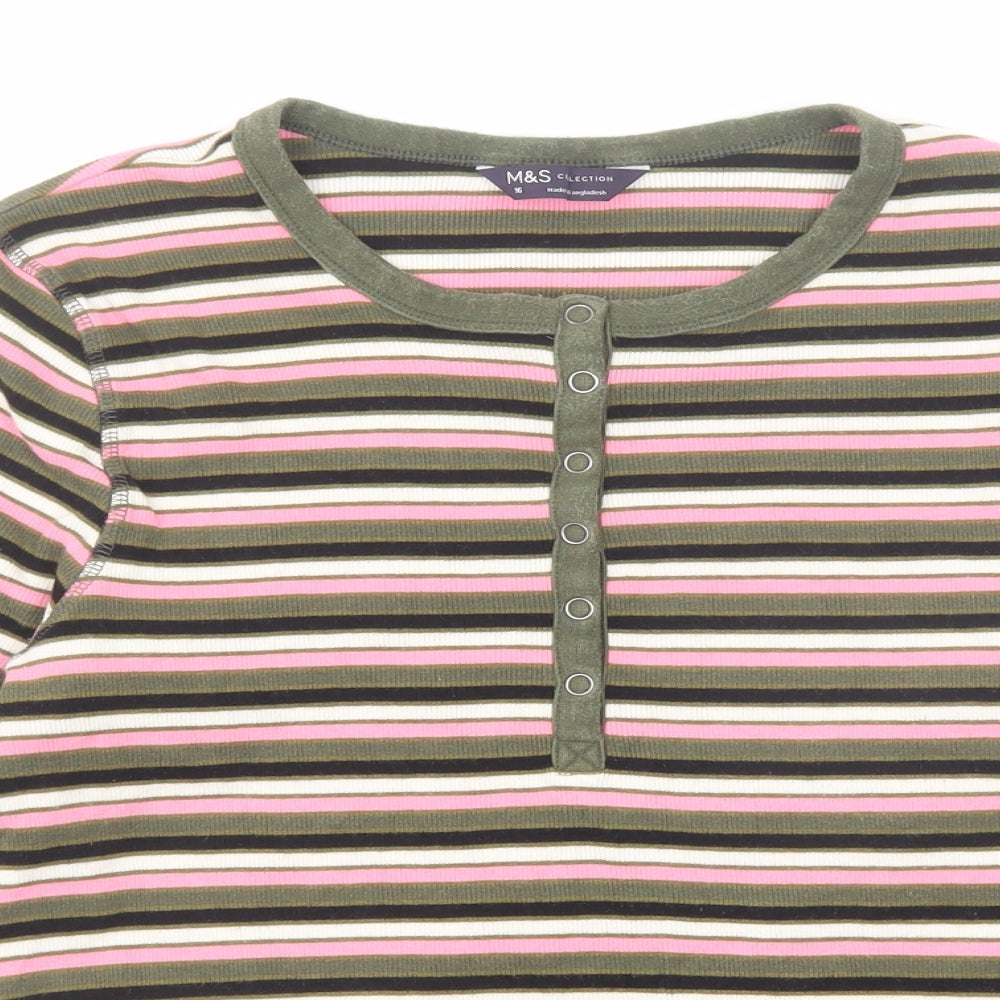 Marks and Spencer Womens Multicoloured Striped Cotton Basic T-Shirt Size 16 Round Neck