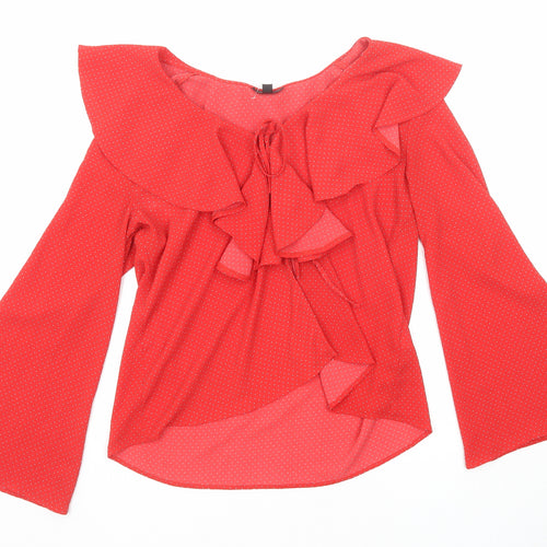 Topshop Womens Red Polka Dot Polyester Basic Blouse Size 10 V-Neck