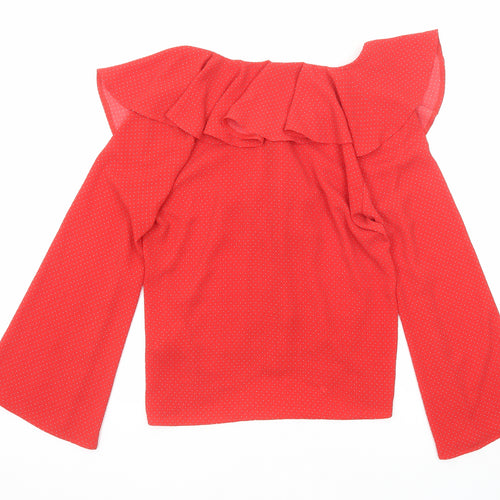 Topshop Womens Red Polka Dot Polyester Basic Blouse Size 10 V-Neck