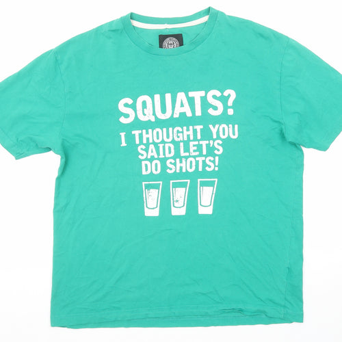 Obscene Clothing Womens Green Cotton Basic T-Shirt Size L Round Neck - Squats? Shots Slogan