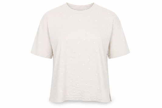 Front view of H&M women’s beige polka dot cotton basic t-shirt, size M, round neck
