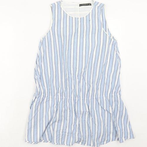Zara Womens Blue Striped Cotton Tank Dress Size S Boat Neck Button