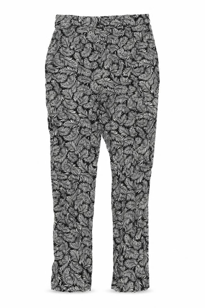 Front view of H&M women’s black geometric viscose trousers, size UK 6, regular