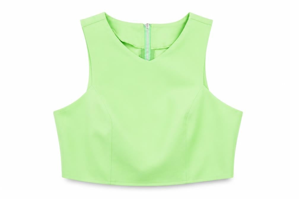 Front view of Fabulous women’s green polyester cropped tank, size UK 10, v-neck
