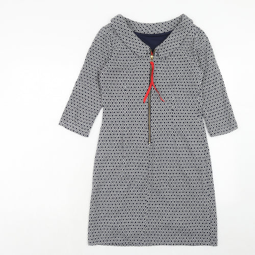 Boden Womens Blue Geometric Cotton Sheath Size 8 Collared Zip