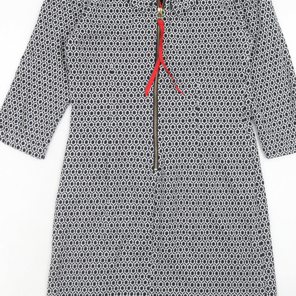Boden Womens Blue Geometric Cotton Sheath Size 8 Collared Zip