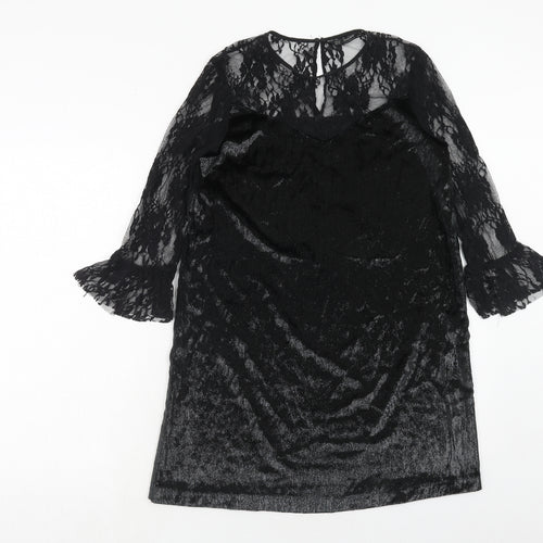 Zara Womens Black Polyester A-Line Size XS Boat Neck Button - Lace Top
