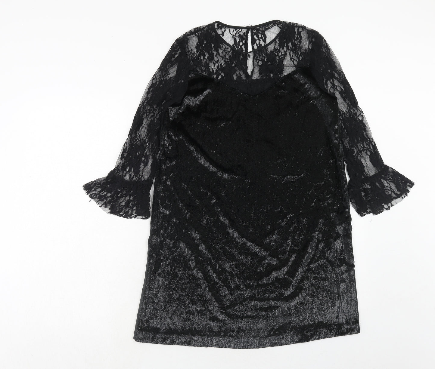 Zara Womens Black Polyester A-Line Size XS Boat Neck Button - Lace Top