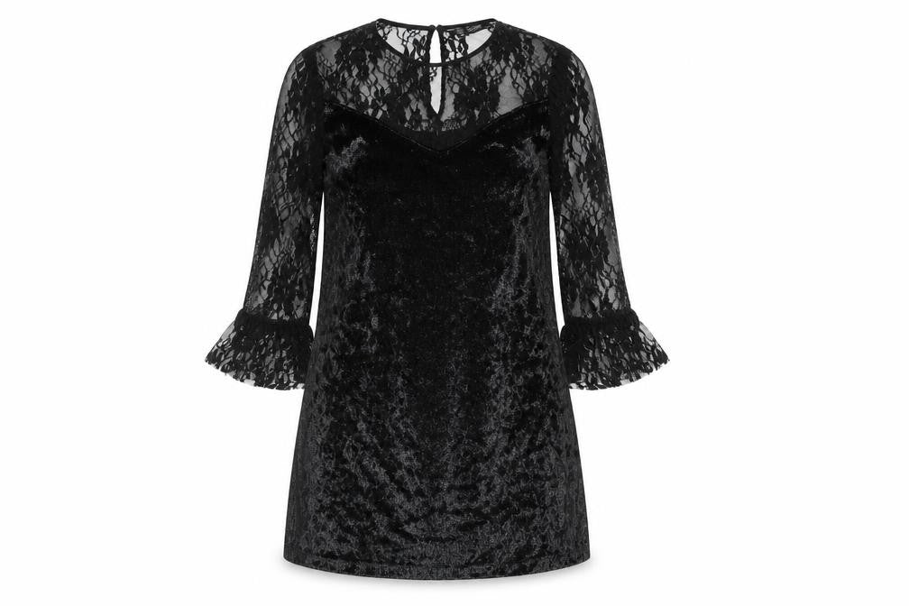 Front view of Zara women’s black polyester a-line, size XS, boat neck button - lace top