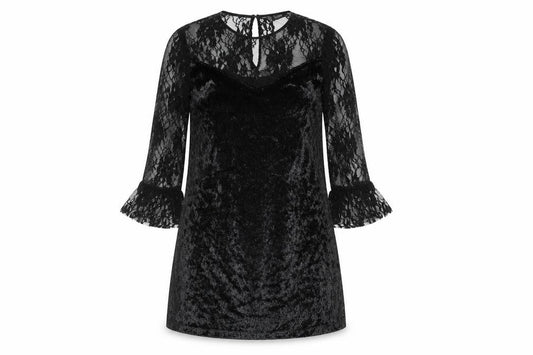 Front view of Zara women’s black polyester a-line, size XS, boat neck button - lace top