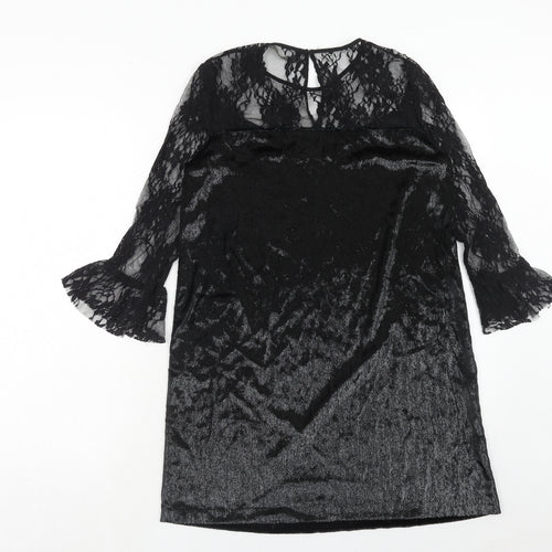 Zara Womens Black Polyester A-Line Size XS Boat Neck Button - Lace Top