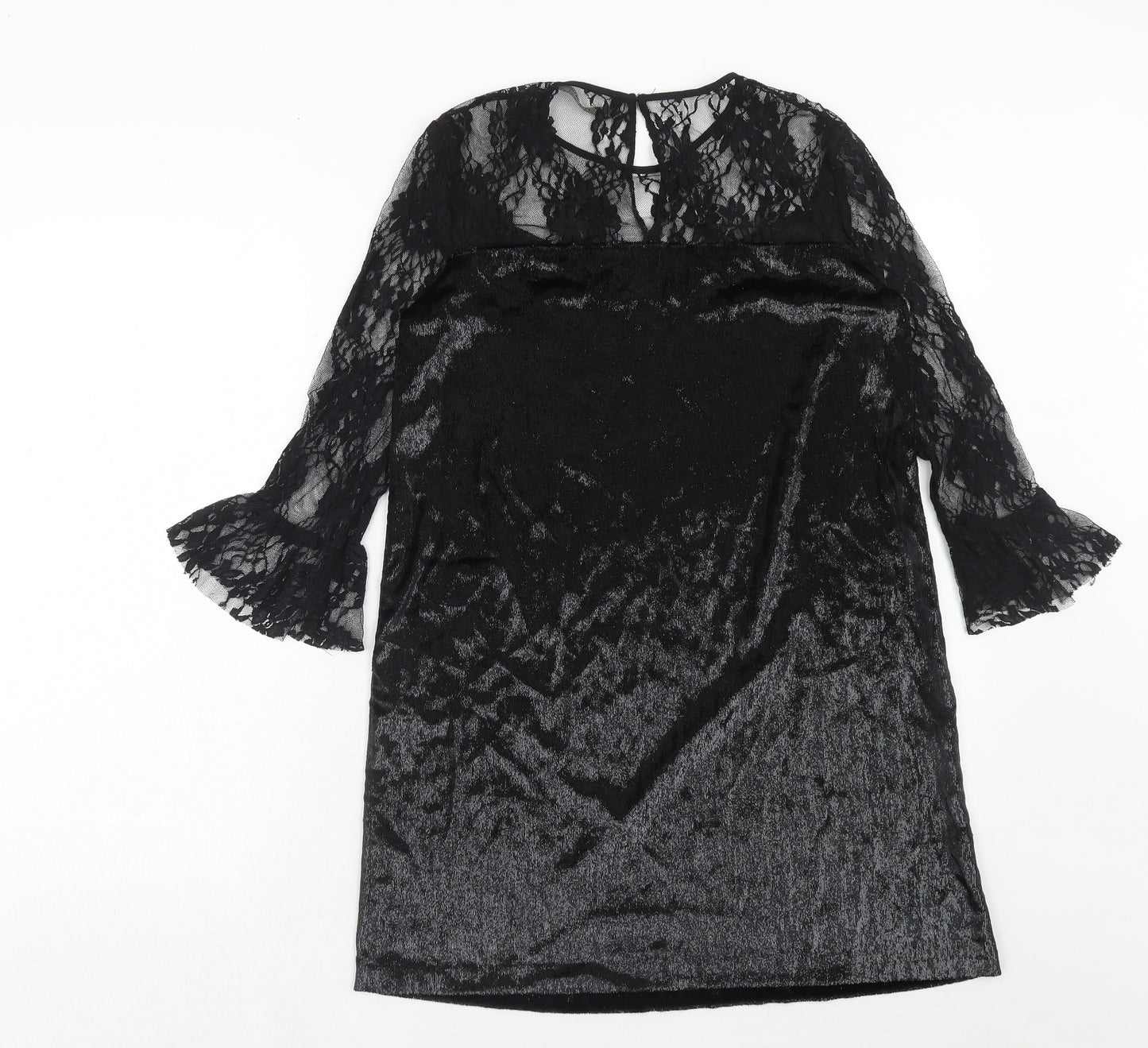 Zara Womens Black Polyester A-Line Size XS Boat Neck Button - Lace Top