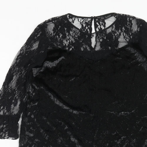 Zara Womens Black Polyester A-Line Size XS Boat Neck Button - Lace Top