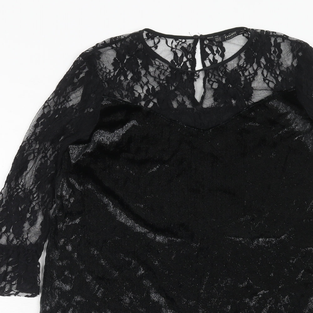Zara Womens Black Polyester A-Line Size XS Boat Neck Button - Lace Top