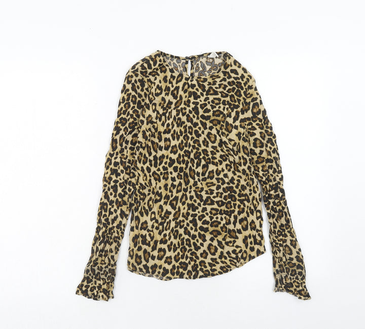 H&M Womens Brown Animal Print Viscose Basic Blouse Size 6 Round Neck - Leopard Print