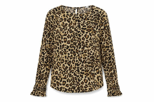 Front view of H&M women’s brown animal print viscose basic blouse, size UK 6, round neck - leopard print