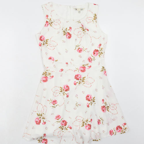 Yumi Womens White Floral Polyester A-Line Size 10 Boat Neck Zip