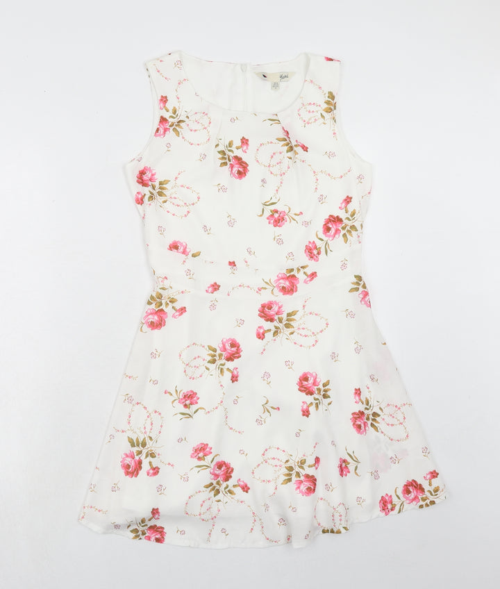 Yumi Womens White Floral Polyester A-Line Size 10 Boat Neck Zip