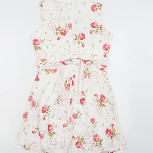 Yumi Womens White Floral Polyester A-Line Size 10 Boat Neck Zip