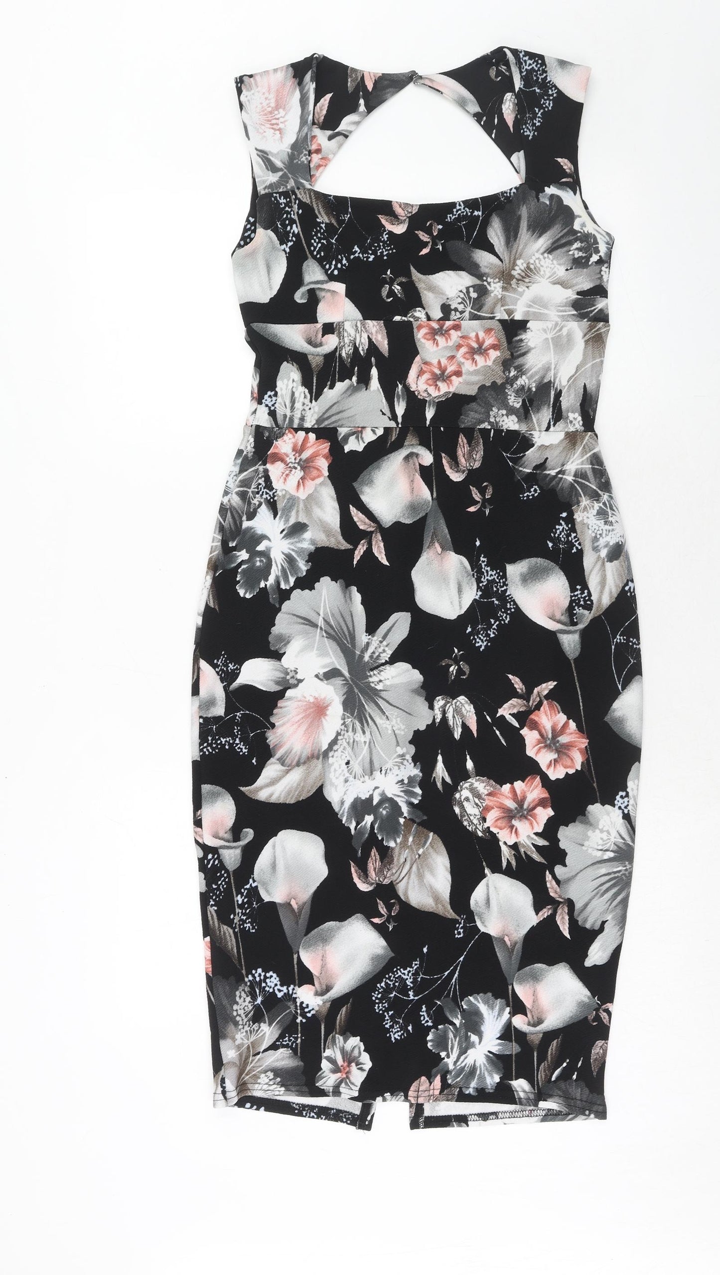 Boohoo Womens Black Floral Polyester Bodycon Size 12 Square Neck Hook & Eye