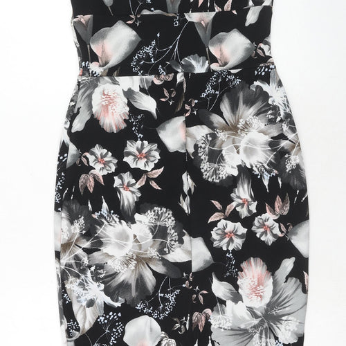 Boohoo Womens Black Floral Polyester Bodycon Size 12 Square Neck Hook & Eye