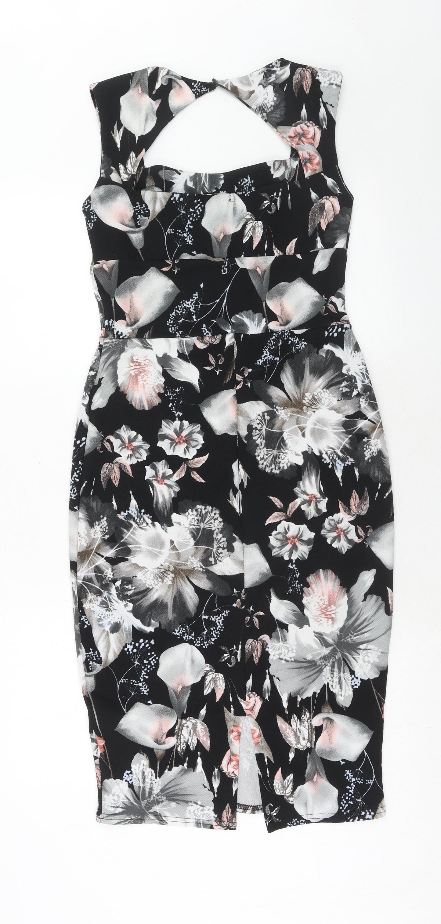 Boohoo Womens Black Floral Polyester Bodycon Size 12 Square Neck Hook & Eye