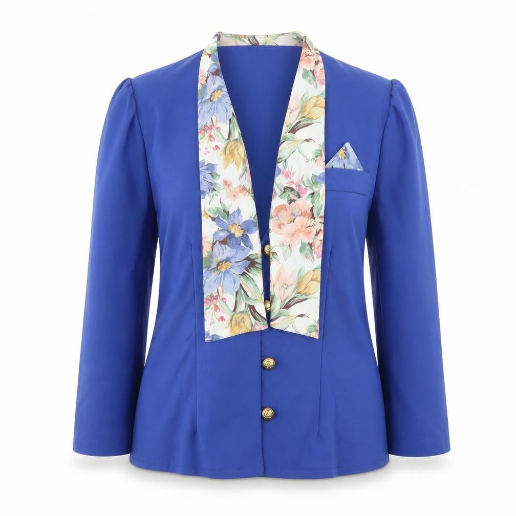 Front view of Hamells women’s blue floral jacket blazer, size UK 14, button