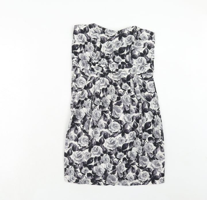 Dorothy Perkins Womens Grey Floral Cotton A-Line Size 12 Off the Shoulder Zip