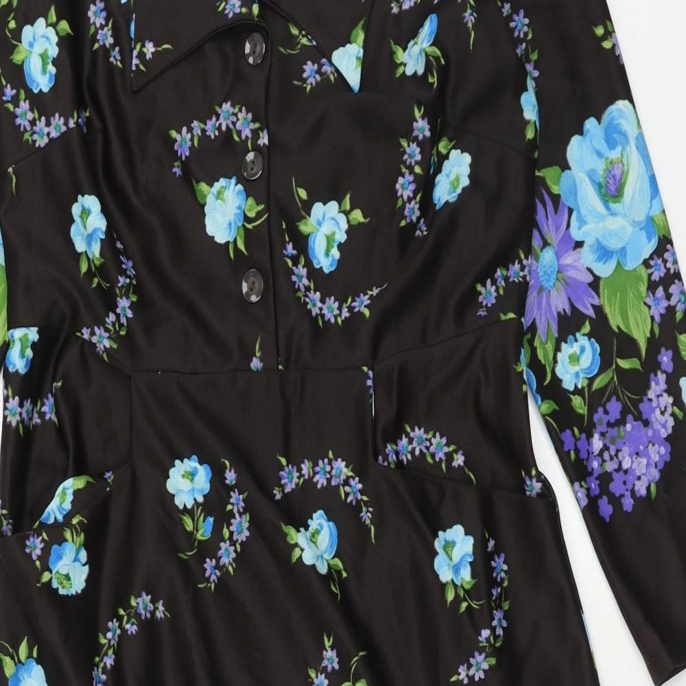Spinney Womens Black Floral Polyester Trapeze & Swing Size 18 Collared Button