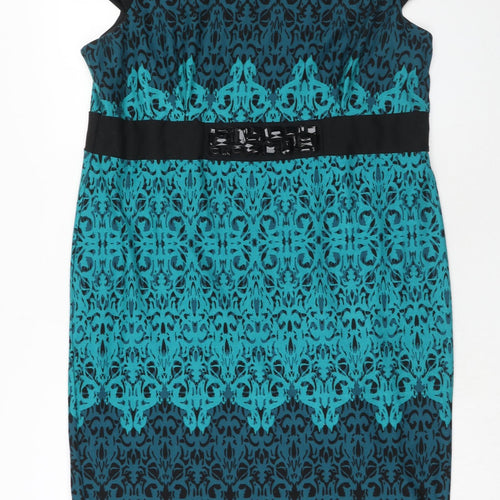 Per Una Womens Blue Geometric Polyester A-Line Size 22 Round Neck Zip