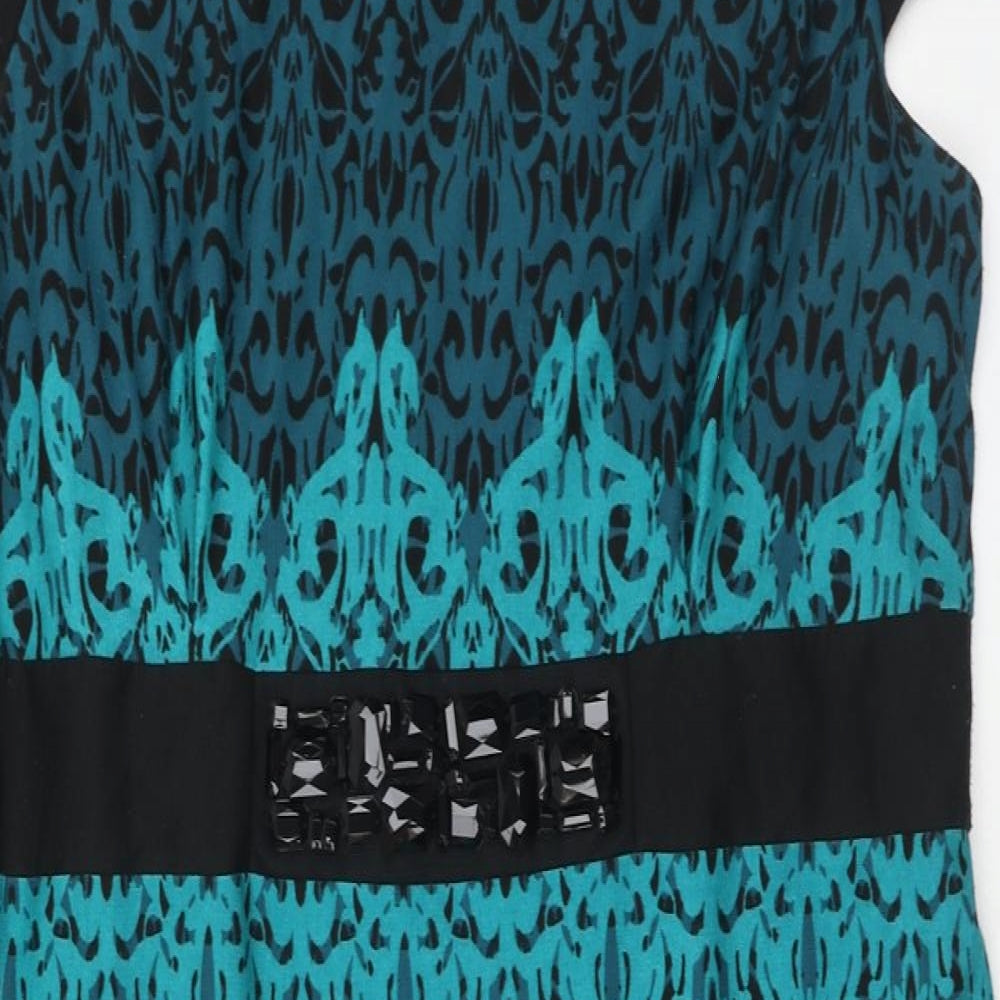 Per Una Womens Blue Geometric Polyester A-Line Size 22 Round Neck Zip