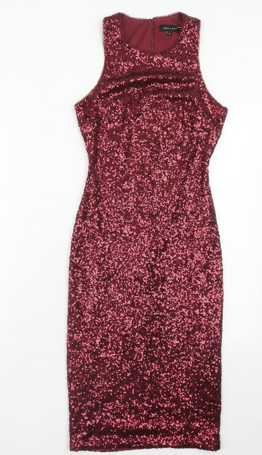 New Look Womens Red Polyester Bodycon Size 8 Round Neck Button