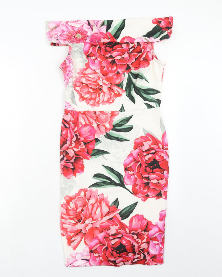 Paraphrase Womens Pink Floral Polyester Bodycon Size S Off the Shoulder Zip