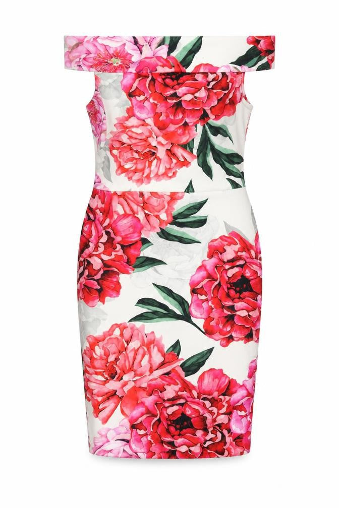 Front view of Paraphrase women’s pink floral polyester bodycon, size S, off the shoulder zip