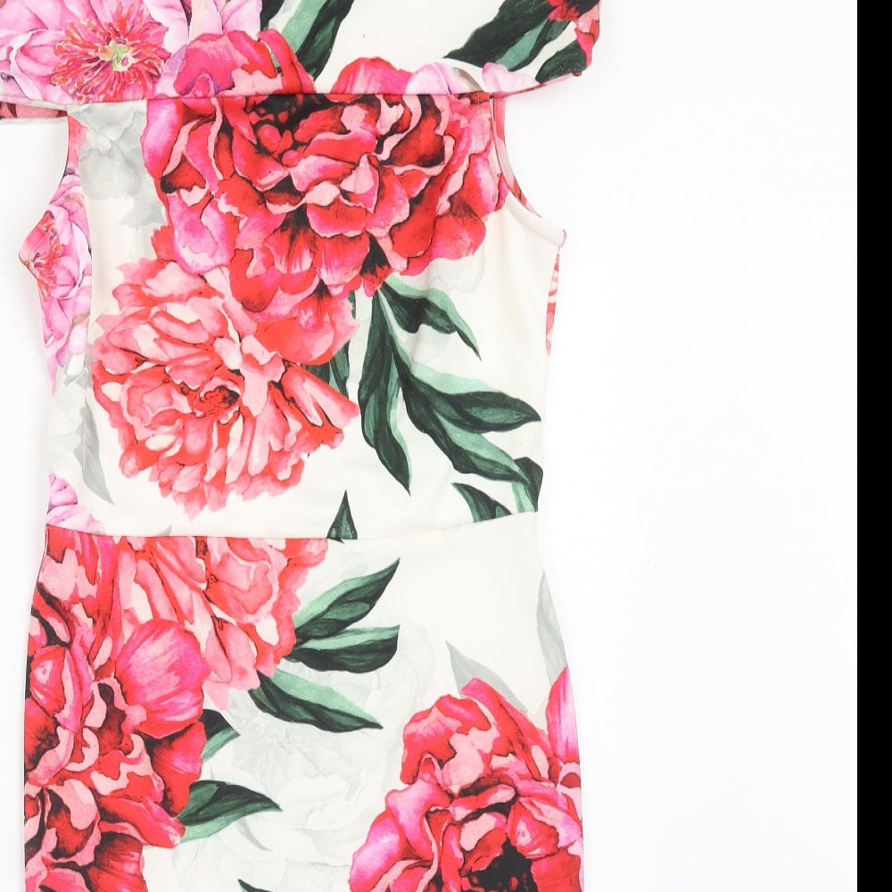 Paraphrase Womens Pink Floral Polyester Bodycon Size S Off the Shoulder Zip