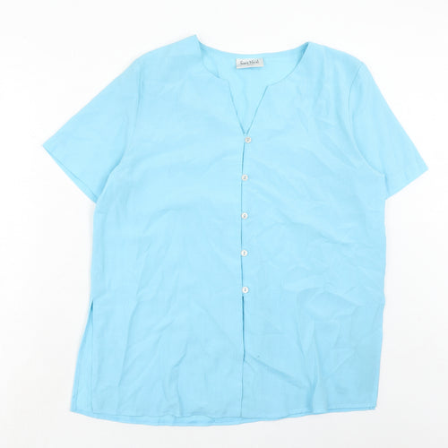 Sara Neal Womens Blue Polyester Basic Button-Up Size 14 V-Neck