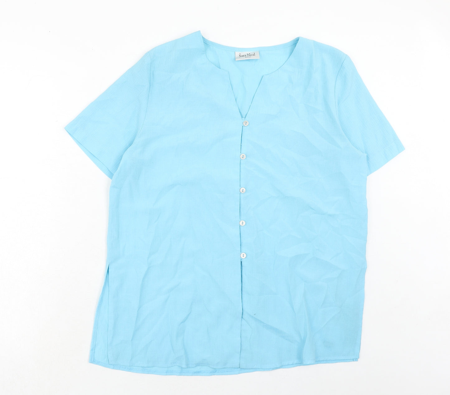 Sara Neal Womens Blue Polyester Basic Button-Up Size 14 V-Neck