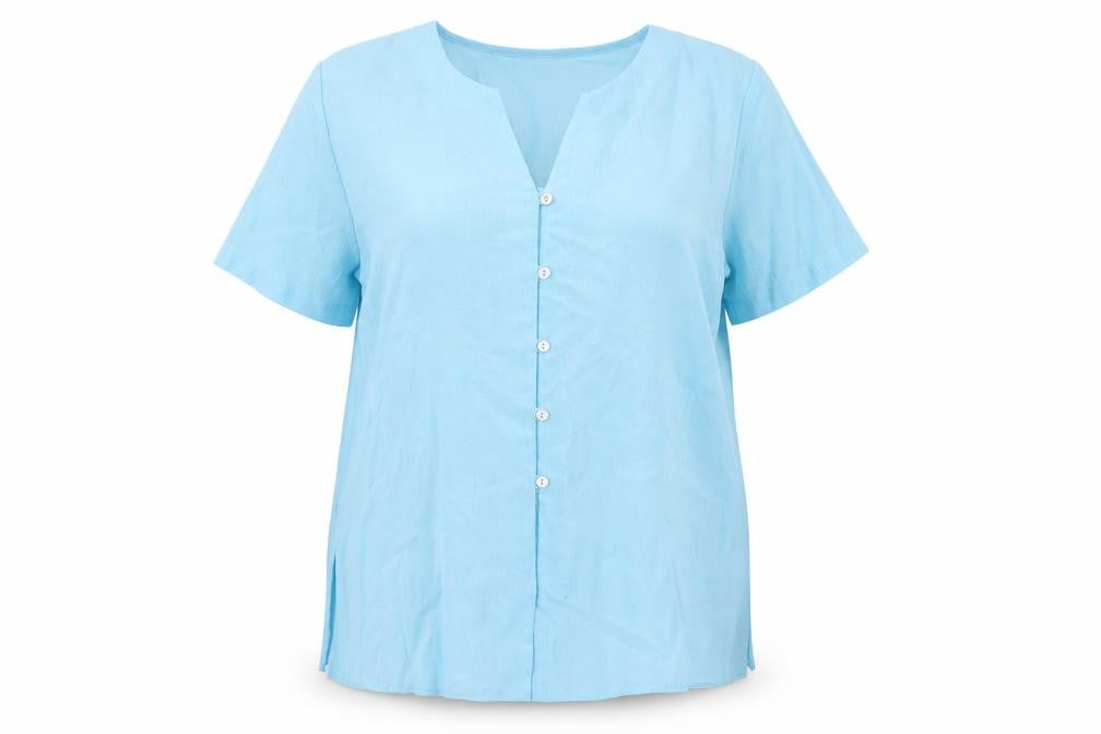Front view of Sara Neal women’s blue polyester basic button-up, size UK 14, v-neck