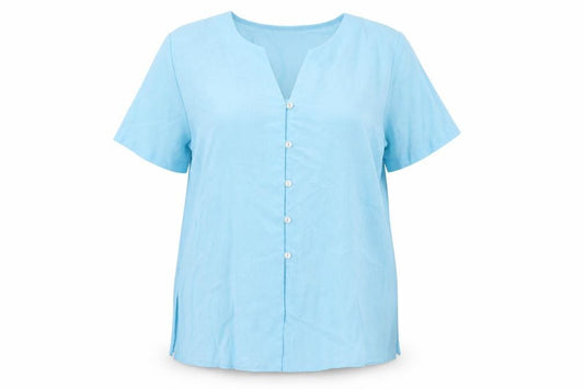 Front view of Sara Neal women’s blue polyester basic button-up, size UK 14, v-neck
