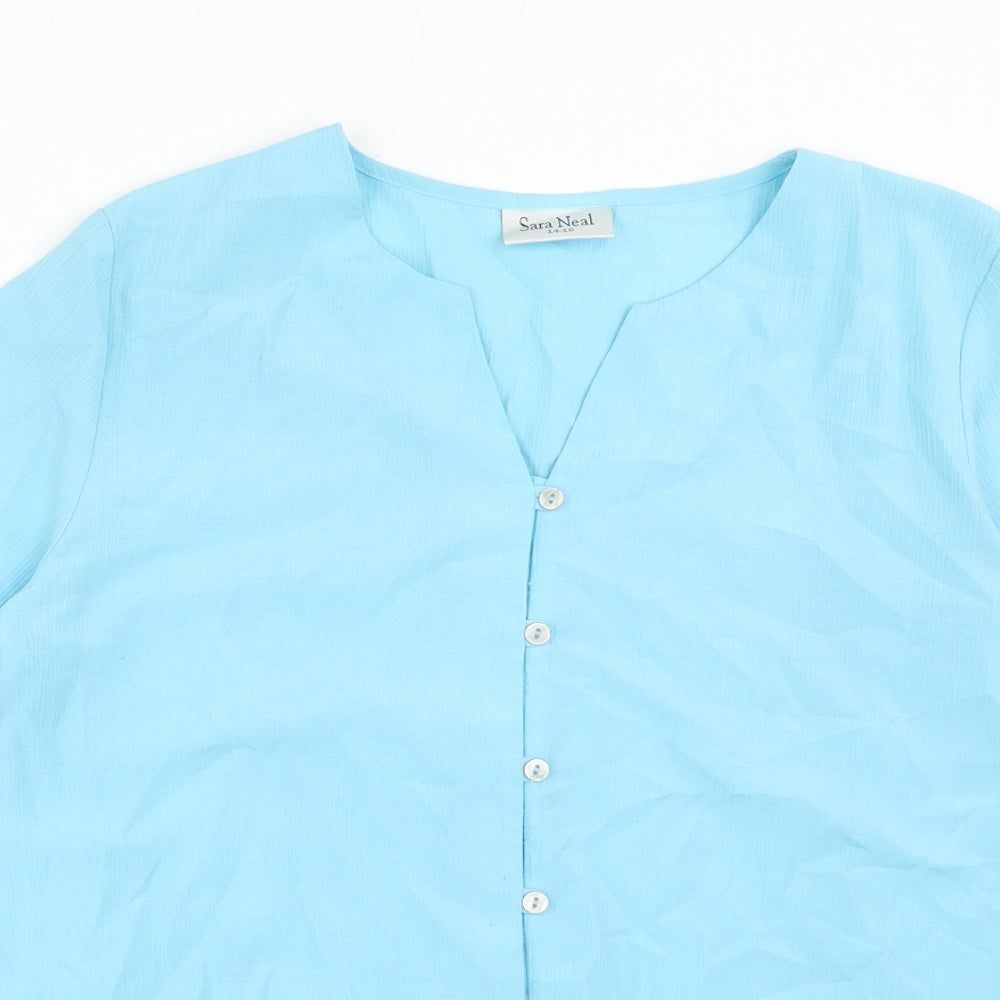 Sara Neal Womens Blue Polyester Basic Button-Up Size 14 V-Neck