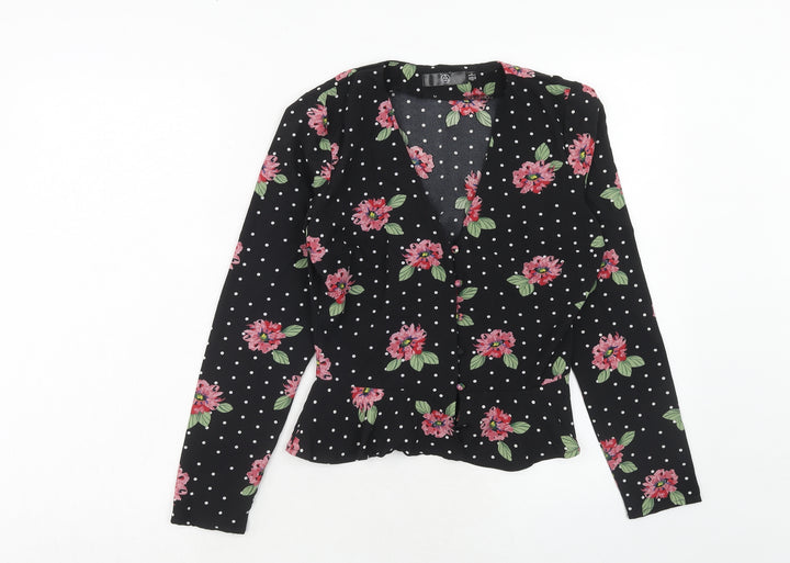 Missguided Womens Black Geometric Polyester Basic Blouse Size 6 V-Neck