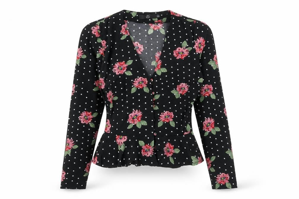 Front view of Missguided women’s black geometric polyester basic blouse, size UK 6, v-neck